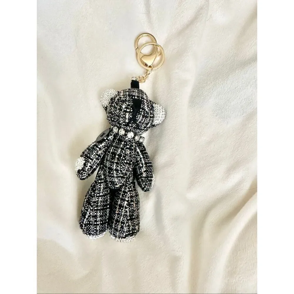 Glamorous tweed black and white plush teddy bear with rhinestone detail